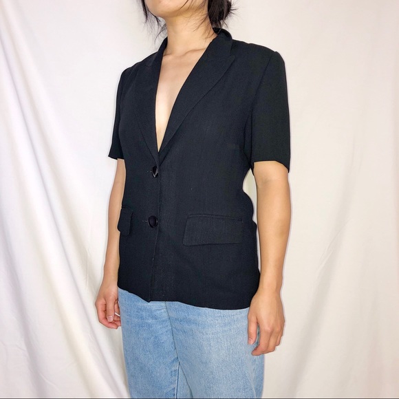 Black short sleeve blazer top blouse // S - Picture 2 of 5